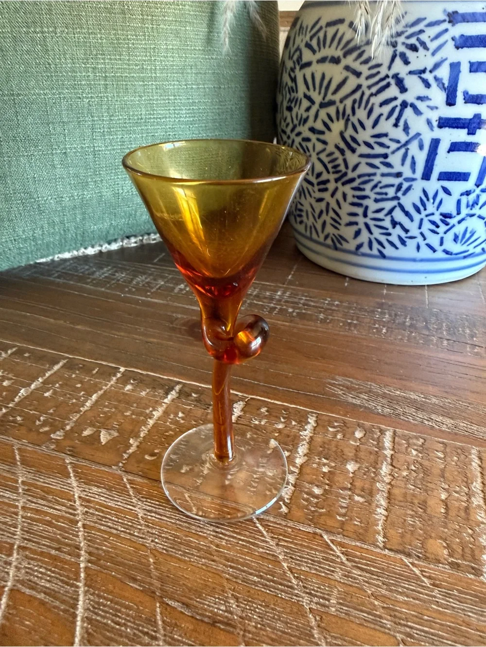 Pier 1 Imports Knotted Stem Martini Glasses Hand Blown Purple Amber Set of 2